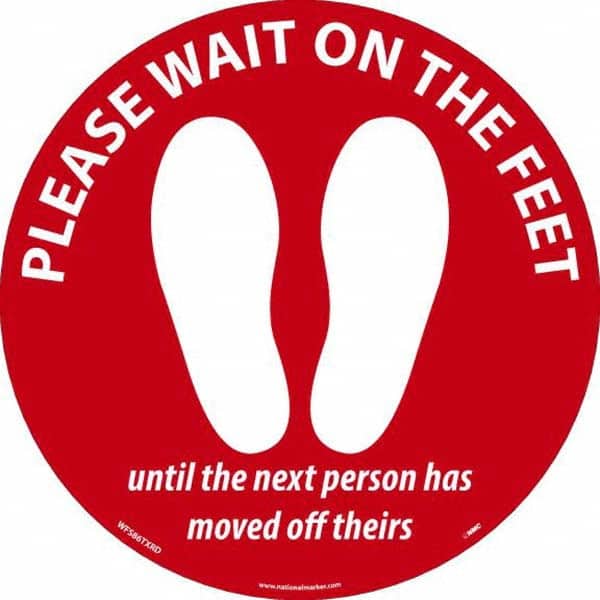 Please Wait on the Feet Until the Next Person Has Moved Off Theirs Round, White on Red, Use for Security & Admittance