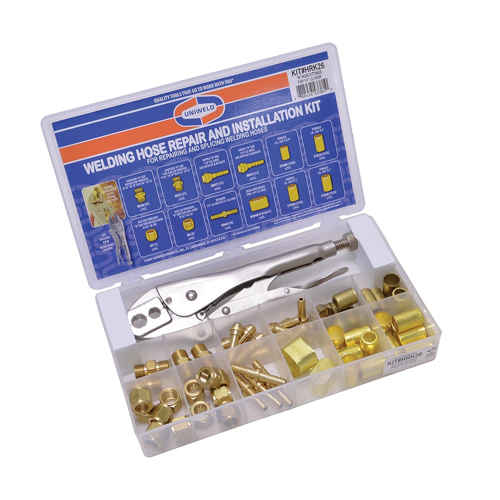 Made in USA - Ball Valve Fittings, Handles & O-Ring Kits; Type: Hose Repair Kit ; For Use With: Welding Hoses ; Contents: Couplers; Nipples; Nuts; Splicers; Ferrules; Heavy Duty crimper ; PSC Code: 3433 - Exact Industrial Supply