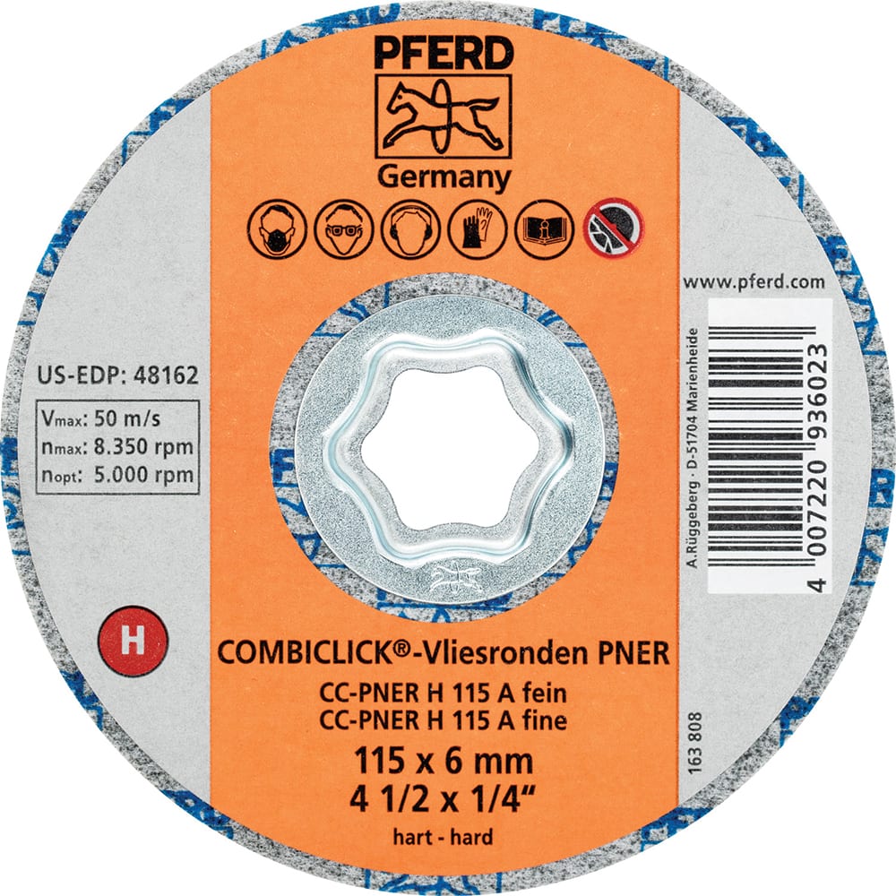 PFERD - Quick Change Discs; Disc Diameter (Inch): 4-1/2 ; Attaching System: COMBICLICK ; Abrasive Type: Non-Woven ; Abrasive Material: Aluminum Oxide ; Grade: Fine ; Backing Material: Cloth - Exact Industrial Supply