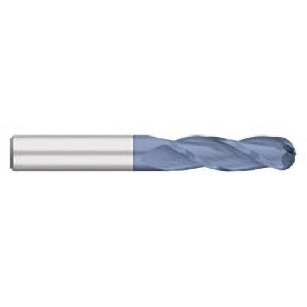 Ball End Mill: 0.125″ Dia, 0.75″ LOC, 3 Flute, Solid Carbide 2-1/4″ OAL, 1/8″ Shank Dia, 30 ° Helix, AlTiN Coated, Single End