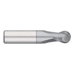 Ball End Mill: 0.1563″ Dia, 0.3125″ LOC, 2 Flute, Solid Carbide 2″ OAL, 3/16″ Shank Dia, 30 ° Helix, TiCN Coated, Single End