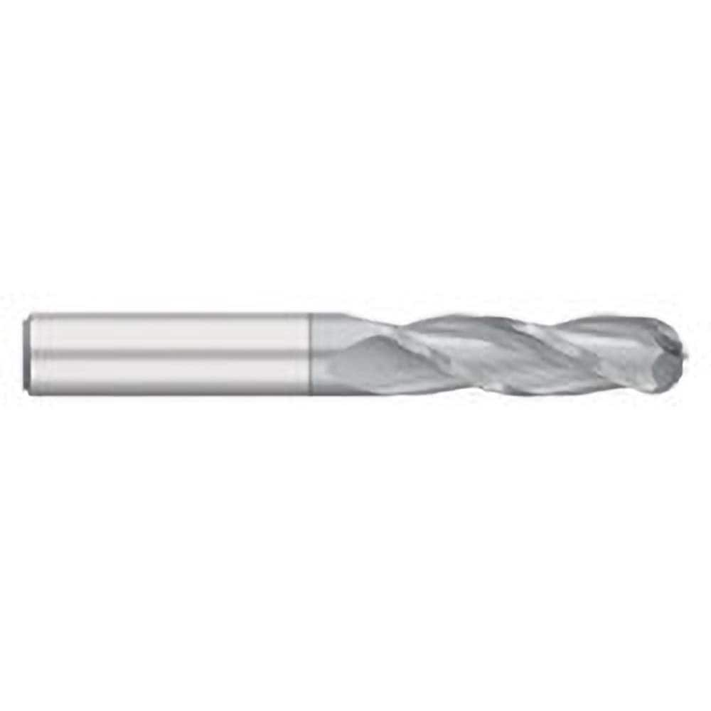 Ball End Mill: 0.1875″ Dia, 0.75″ LOC, 3 Flute, Solid Carbide 2-1/2″ OAL, 3/16″ Shank Dia, 30 ° Helix, TiCN Coated, Single End