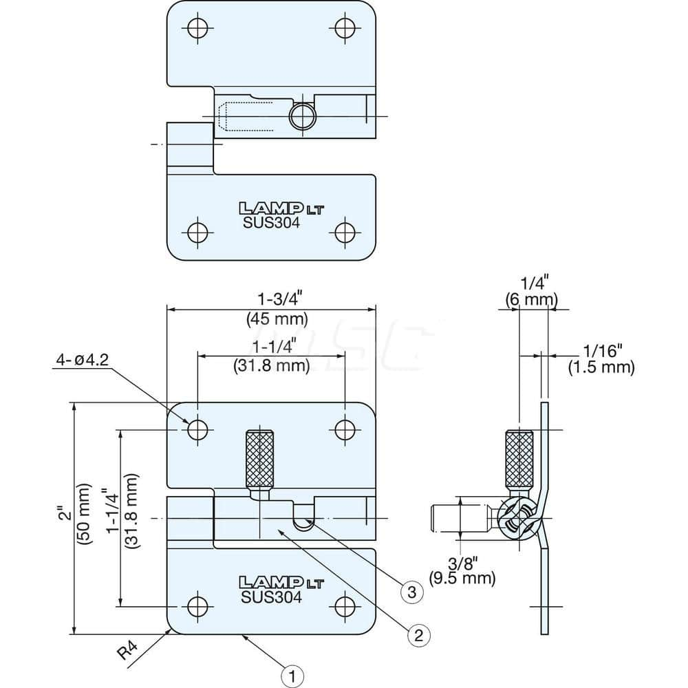 Quick Release Hinge: 4 Mounting Holes Stainless Steel, Satin Finish