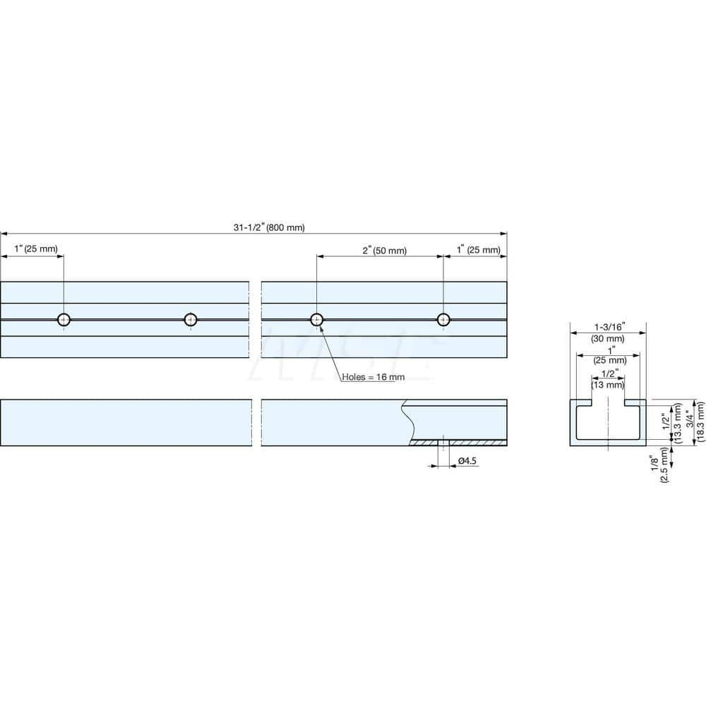 Linear Motion Systems; Type: Guide Rail; Overall Width (mm): 30.0000; Overall Length (mm): 800.0000; Bolt Hole Spacing: 50.0000; Height (mm): 18.3000; Rail Bolt Hole Size: 16.00
