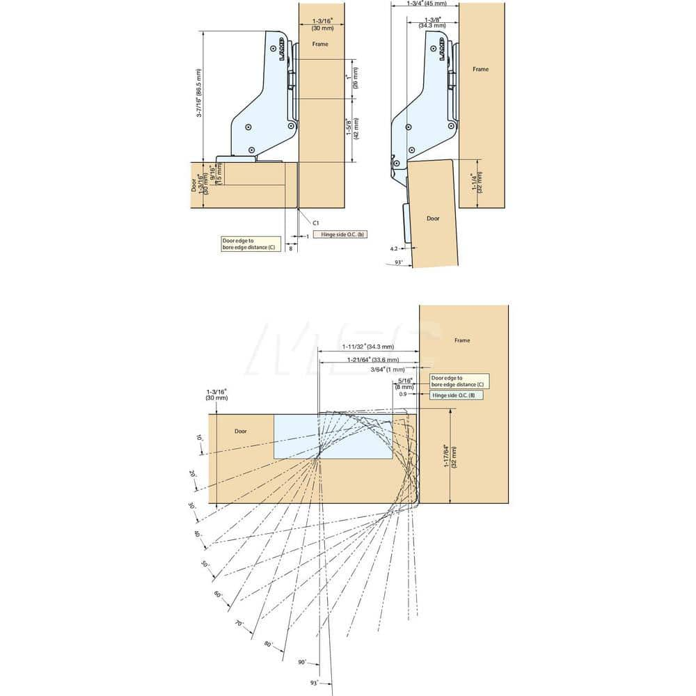 Specialty Hinges; Type: Free Swing Heavy-Duty Concealed Hinge; Length (mm): 86.50; Width (mm): 45.00; Material: Zinc Alloy; Steel; Material: Zinc Alloy; Steel; Finish/Coating: Nickel; Pin Diameter: 5.2000; Pin Diameter: 5.2000; Pin Diameter: 5.2000; Thick