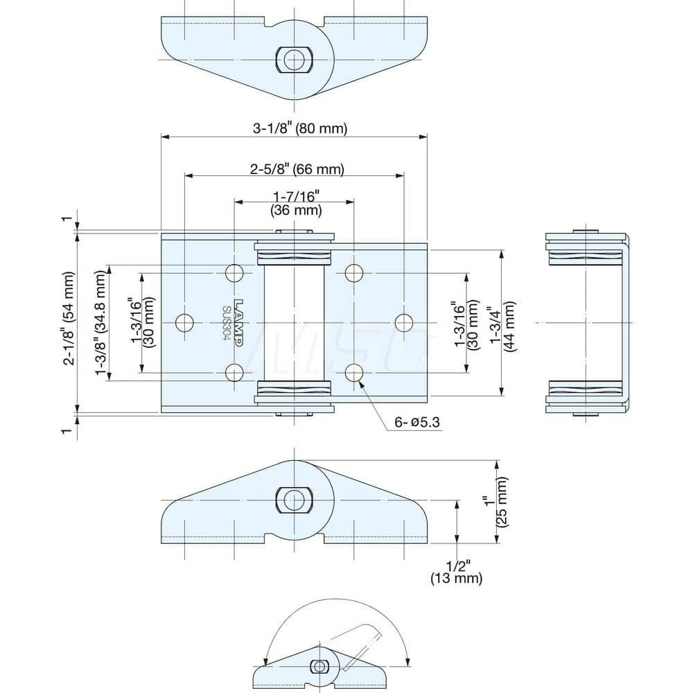 Free Movement Torque Hinge: 6 Mounting Holes Stainless Steel, Polished Finish