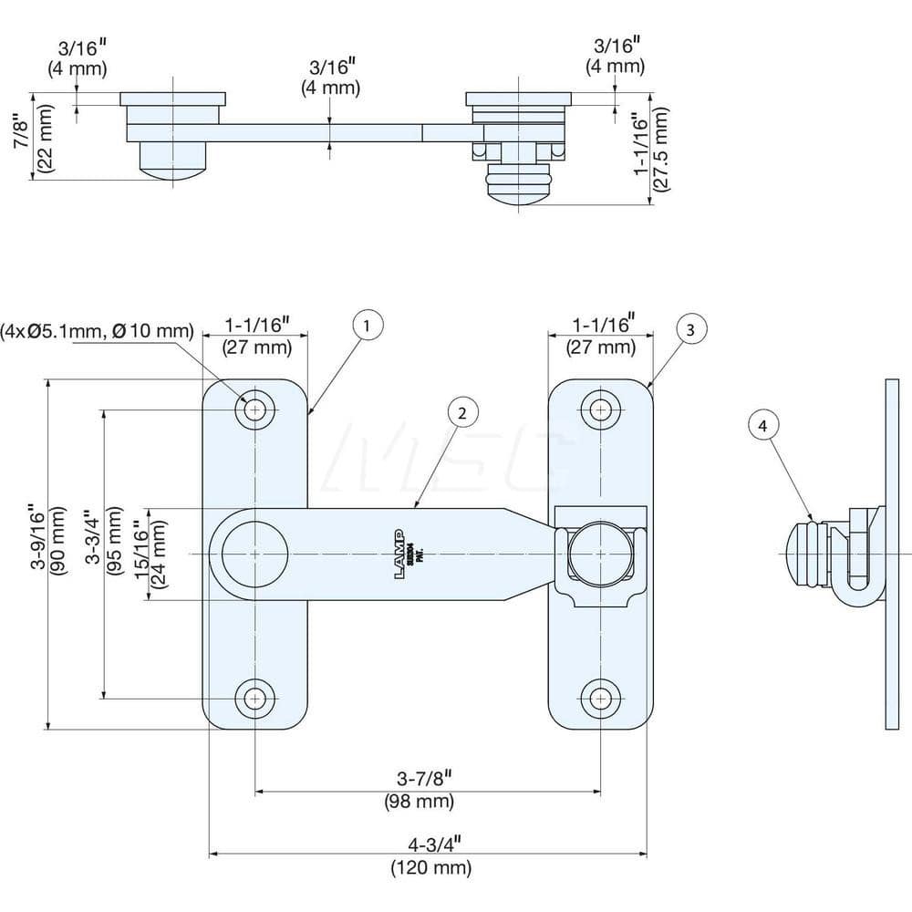 Latches; Type: Bar Latch; Length (mm): 120.00; Width (mm): 90.00; Height (mm): 27.5000; Finish/Coating: Polished; Distance Between Mounting Hole Centers: 95; Series: BLT; Minimum Order Quantity: 304 Stainless Steel; Material: 304 Stainless Steel; Descript