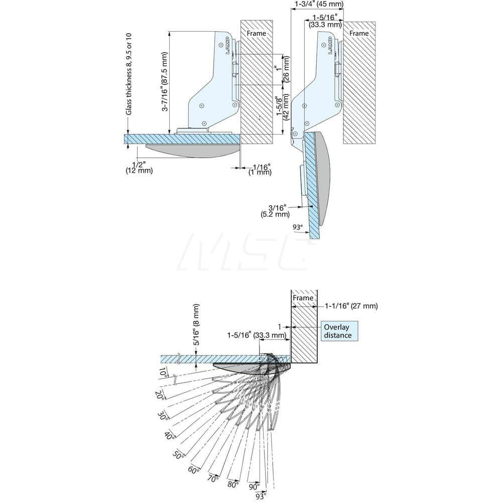 Specialty Hinges; Type: Self-Closing Heavy-Duty Concealed Hinge; Length (mm): 86.50; Width (mm): 45.00; Material: Zinc Alloy; Steel; Material: Zinc Alloy; Steel; Finish/Coating: Nickel; Pin Diameter: 5.2000; Pin Diameter: 5.2000; Pin Diameter: 5.2000; Thi