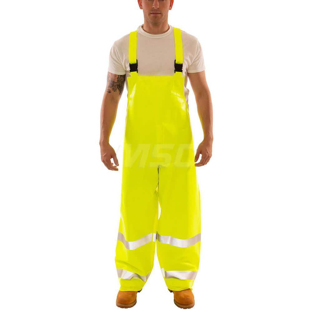 Bib Overalls: Size Medium, PVC on Non-Woven Nomex Fluorescent Yellow ™Green, 28″ Inseam, Snaps Closure