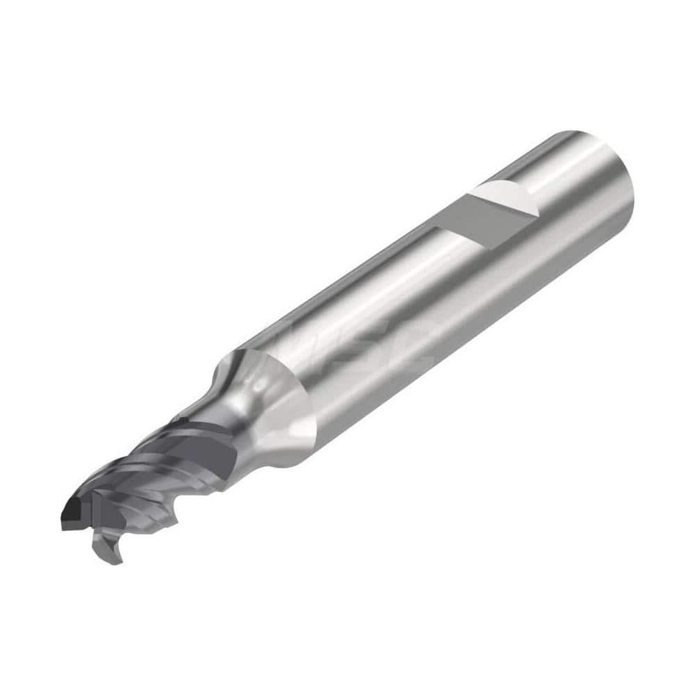 Corner Radius End Mill: 0.1969″ Dia, 3 Flutes, Solid Carbide 48 ° Helix, SIRON-A Coated, Corner Chamfer End, Centercutting, Series JS553