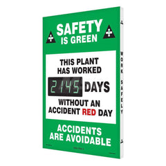 Safety Is Green This Plant Has Worked _Days Without An Accident Red Day - Accidents Are Avoidable, 20 Inch Wide x 28 Inch High, Aluminum Sign - Rectangular, White on Green, 2 Inch Thick, Indoor or Outdoor, Wall Mount with Mounting Fasteners, For Inspectio