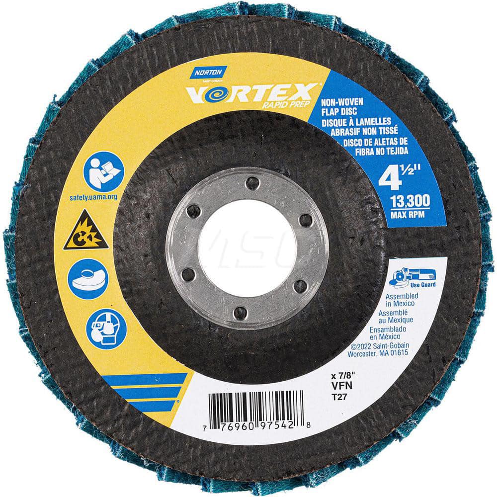 Flap Disc: 4-1/2″ Dia, 7/8″ Hole, Aluminum Oxide, Type 27 Non-Woven, Very Fine Grade, Fiberglass-Backed, 13,300 RPM