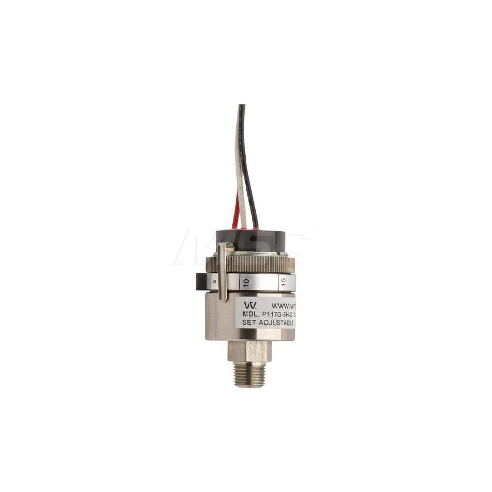 Pressure, Vacuum & Compound Switches; Type: Miniature Vacuum Switch; Compact, Cylindrical Pressure Switch; Thread Size: 1/8; Voltage: 250VAC / 30VDC; Thread Type: NPT Male; Amperage: 5.0000; Electrical Connection: 12in Free Leads; Wetted Parts Material: 3