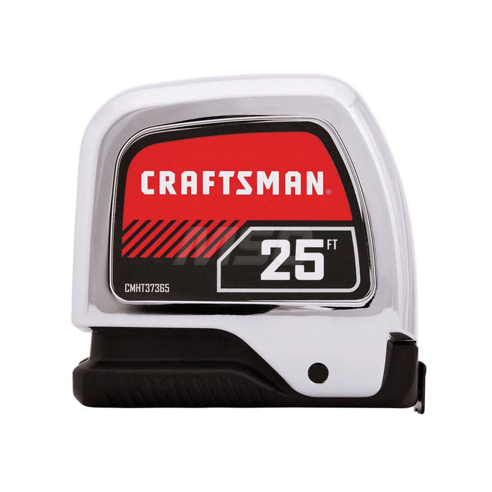 Tape Measure: 25' Long, 1″ Width, White Blade 1/16″ Graduation, Black & Red Case