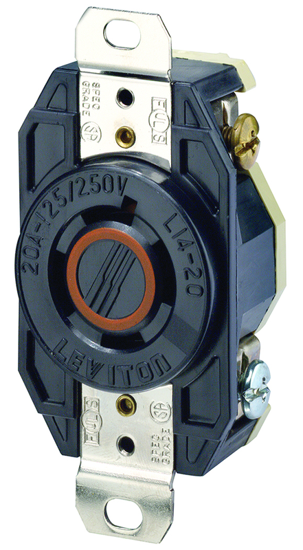 20 Amp; 125/250 Volt; NEMA L14-20R; 3P; 4W; Flush Mtg Locking Receptacle; Industrial Grade; Grounding; V-0-MAX - Black - Benchmark Tooling