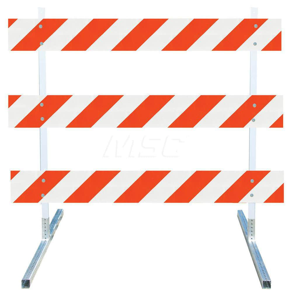 Traffic Barricades; Type: Type III; Barricade Height (Inch): 63; Material: Plastic Board; Polymer Plastic Upright; Galvanized High Carbon Steel Feet; Barricade Width (Inch): 96; Reflective: Yes; Compliance: MASH Compliant; MUTCD; Weight (Lb.): 19.0000; To