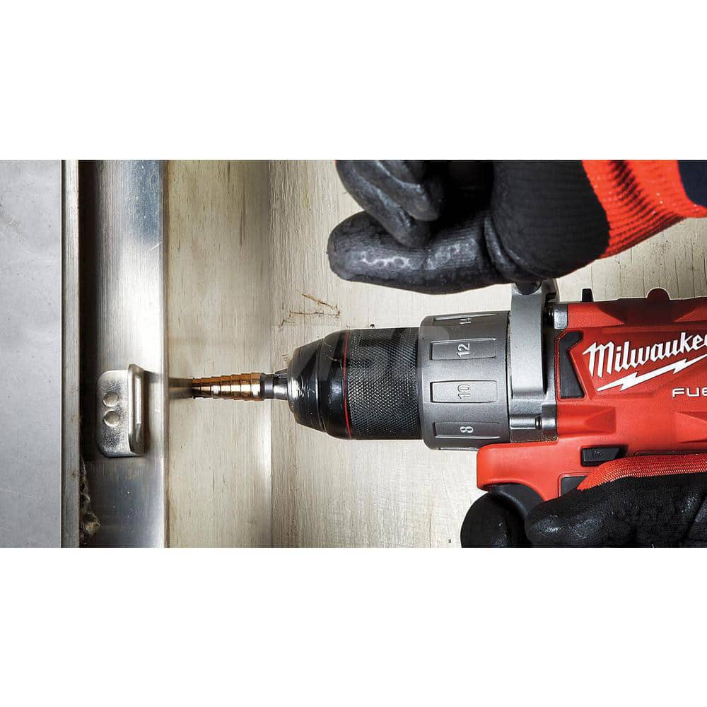 Step Drill Bits: 1/8″ to 1/2″ Hole Dia, 3/8″ Shank Dia, Cobalt, 13 Hole Sizes 2-63/64″ Step Length, Step Bit