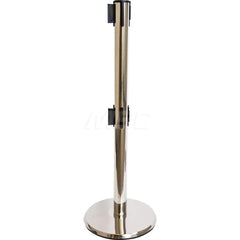 Free Standing Barrier Post: 40″ High, 2-1/2″ Dia, Steel Post Cast Iron with NoScuff & Stainless Steel Round & Standard Base, Satin Stainless Steel