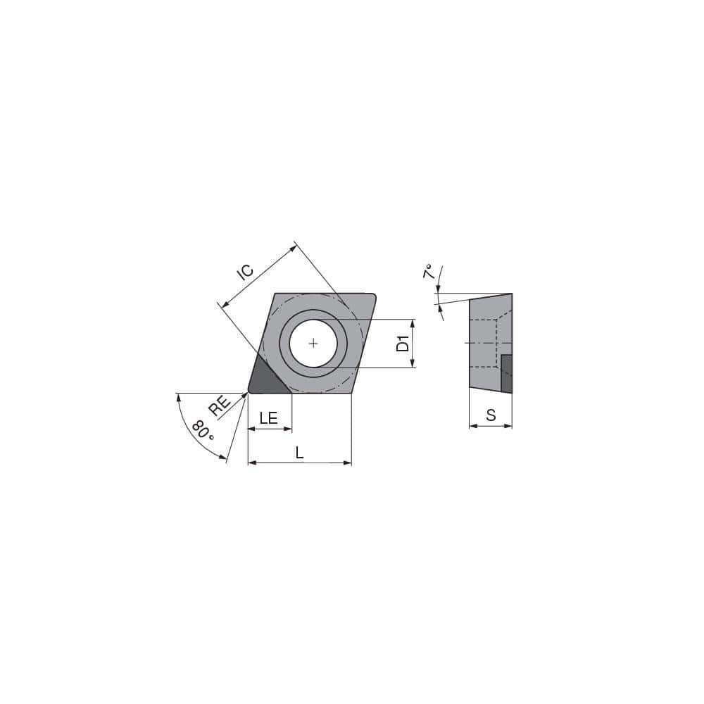 Turning Insert:  CCGW2155FNA3Q CTDPS30,  Polycrystalline Diamond Uncoated Finish,  Neutral,  1/4″ Inscribed Circle,  0.0079″ Corner Radius,  80.0 &deg N/A Diamond,  Series  CCGW