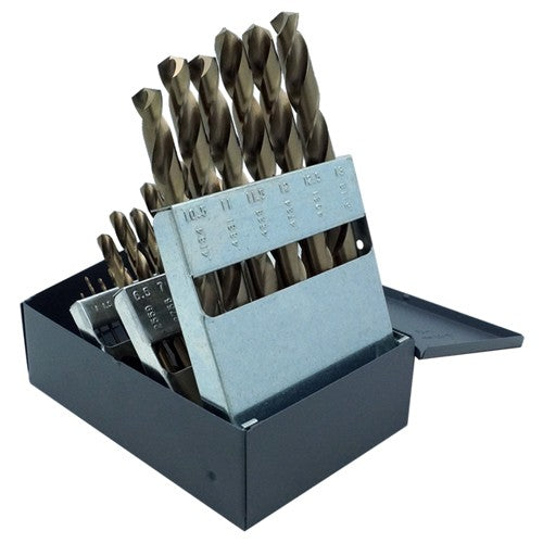 ‎1mm-13mm RHS / RHC HSS-CO 8% (M42) 135 Degree Split Point Heavy Duty Cobalt Jobber Length Drill Set - Straw / Gold Oxide - Exact Industrial Supply