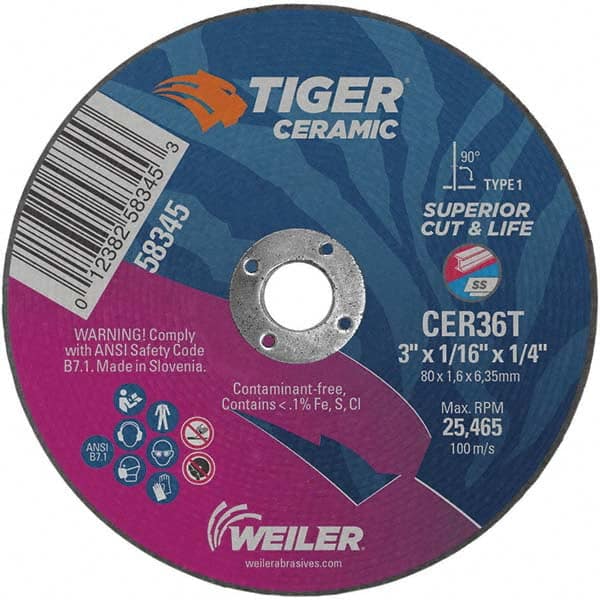 Weiler - 3 x 1/16, 1/4" Hole 36 Grit Ceramic Alumina Cutoff Wheel - Benchmark Tooling