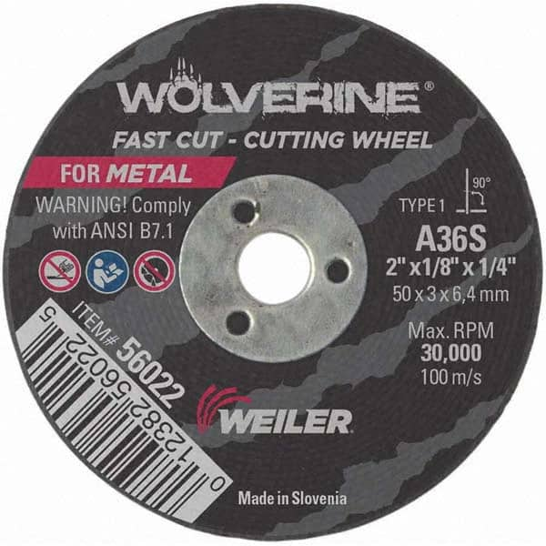 Weiler - 2 x 1/8, 1/4" Hole 36 Grit Aluminum Oxide Cutoff Wheel - Benchmark Tooling