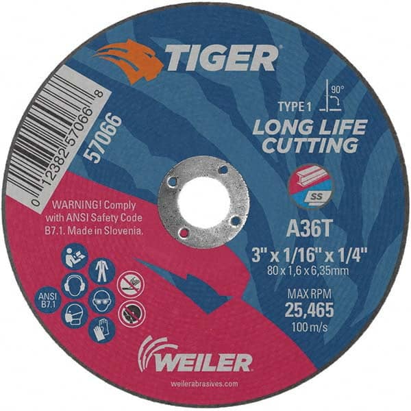 Weiler - 3 x 1/16, 1/4" Hole 36 Grit Aluminum Oxide Cutoff Wheel - Benchmark Tooling