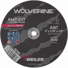 Weiler - 4 x 1/16, 1/4" Hole 36 Grit Aluminum Oxide Cutoff Wheel - Benchmark Tooling