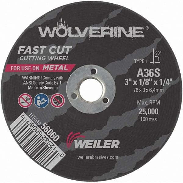 Weiler - 3 x 1/8, 3/8" Hole 36 Grit Aluminum Oxide Cutoff Wheel - Benchmark Tooling