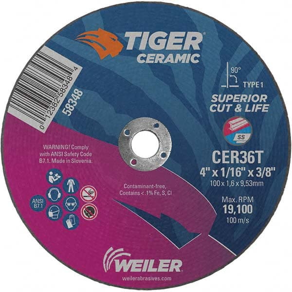 Weiler - 4 x 1/16, 3/8" Hole 36 Grit Ceramic Alumina Cutoff Wheel - Benchmark Tooling