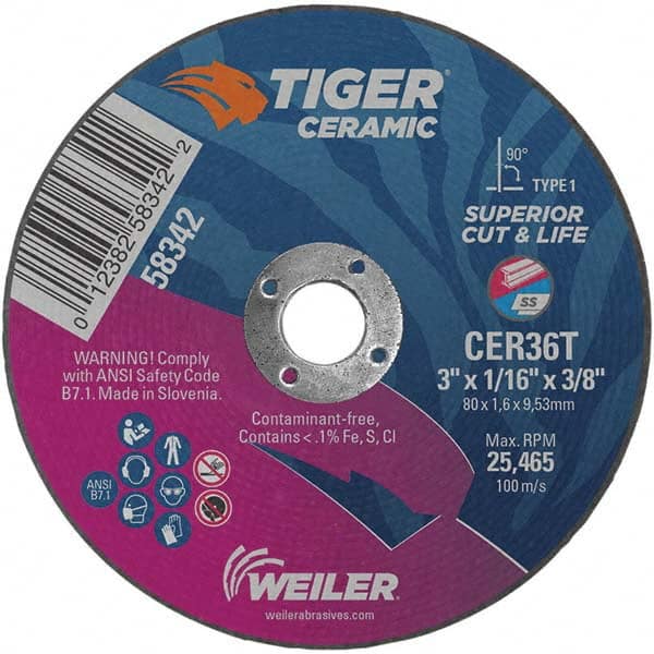 Weiler - 3 x 1/16, 3/8" Hole 36 Grit Ceramic Alumina Cutoff Wheel - Benchmark Tooling