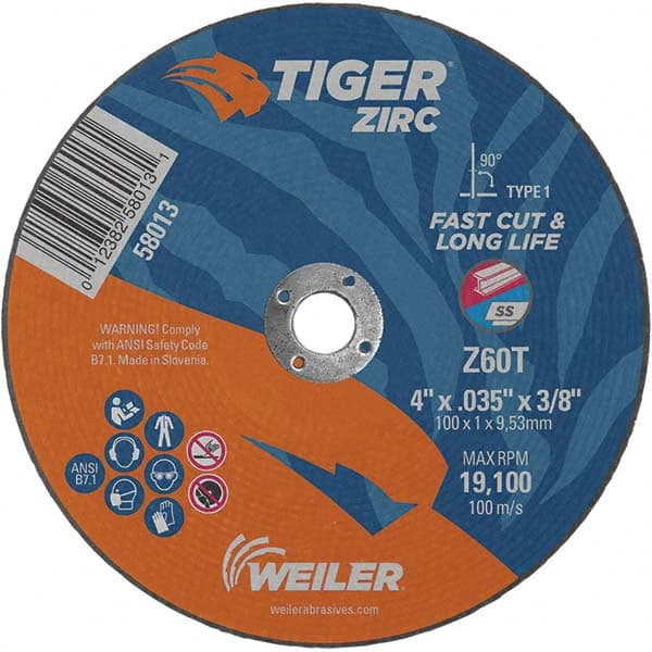 Weiler - 4 x 0.035, 3/8" Hole 60 Grit Zirconia Alumina Cutoff Wheel - Benchmark Tooling