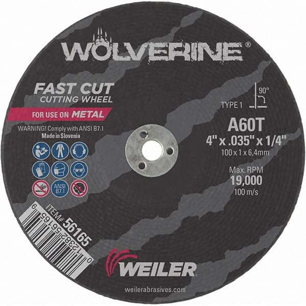 Weiler - 4 x 0.035, 1/4" Hole 60 Grit Aluminum Oxide Cutoff Wheel - Benchmark Tooling