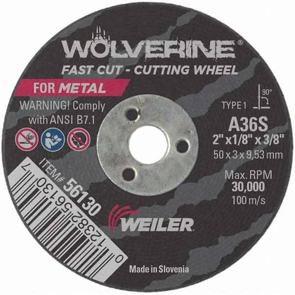 Weiler - 2 x 1/8, 3/8" Hole 36 Grit Aluminum Oxide Cutoff Wheel - Benchmark Tooling