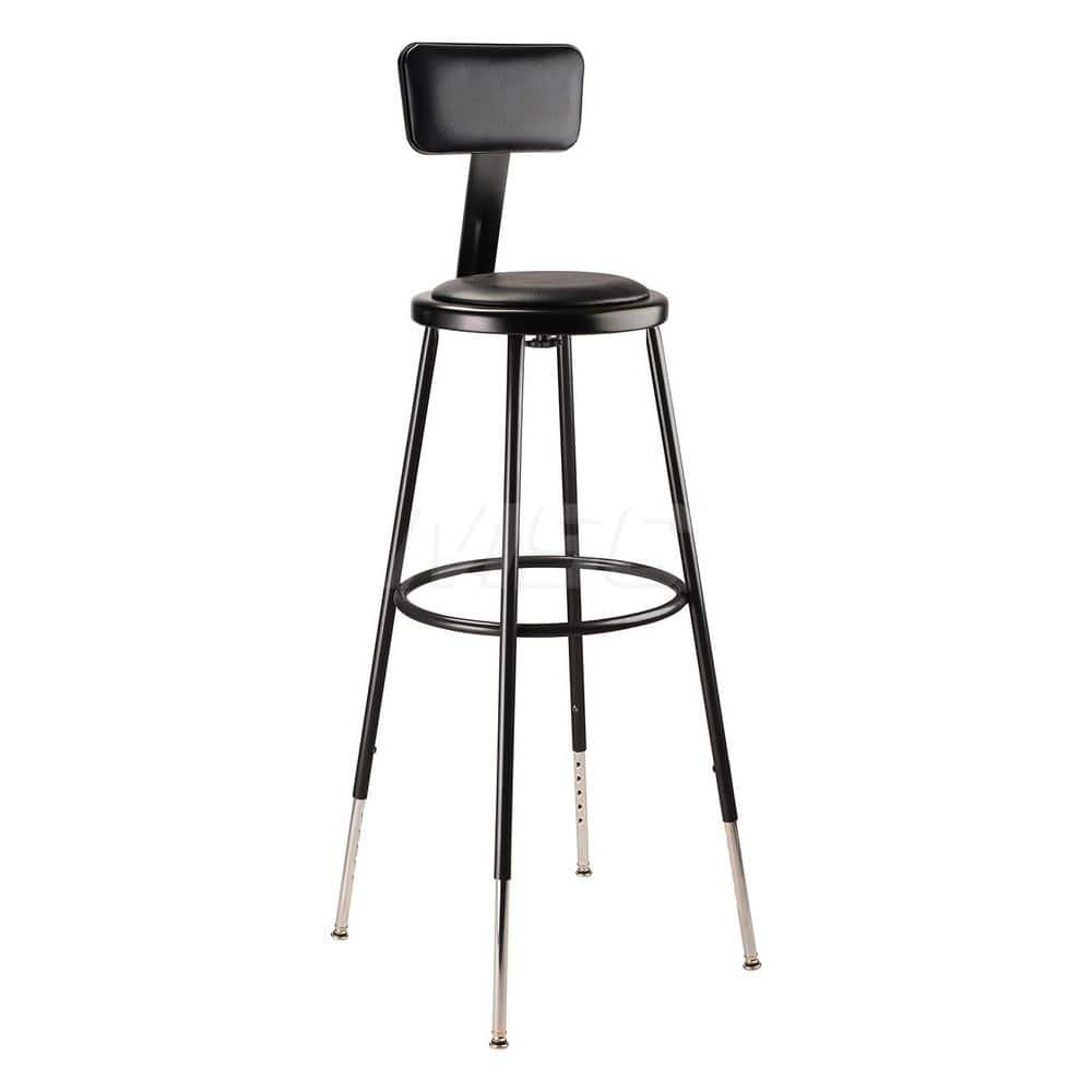 Stationary Stools; Type: Adjustable Height Stool w/Adjustable Back; Base Type: Steel; Width (Inch): 14; Depth (Inch): 14; Seat Material: Vinyl; Color: Black; Seat Type: Round; Minimum Height: 44