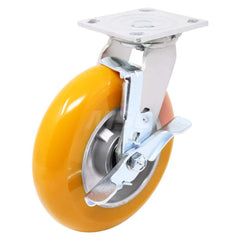 Top Plate Caster: Polyurethane, 5″ Wheel Dia, 2″ Wheel Width, 900 lb Capacity, 6-1/2″ OAH 4.5″ Plate Length, 4″ Plate Width, Total-Lock Brake