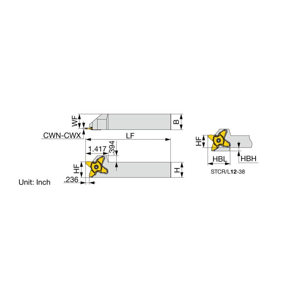 Indexable Grooving Toolholder:  STCR20-38,  0.1575″ Max Groove Width 0.3937″ Max Depth,  Uses 38 Inserts,  1.2500″ Shank Height,  1-1/4″ Shank Width,  No