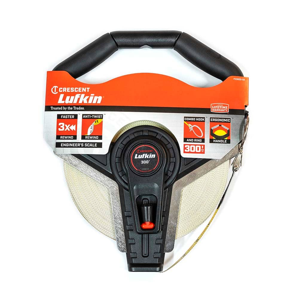 Lufkin - Tape Measures; Length (Feet): 300.000 ; Width (mm): 12.70 ; Width (Inch): 1/2 ; Graduation (Feet): 1/10 ; Blade Material: Fiberglass ; Case Material: ABS Plastic - Exact Industrial Supply