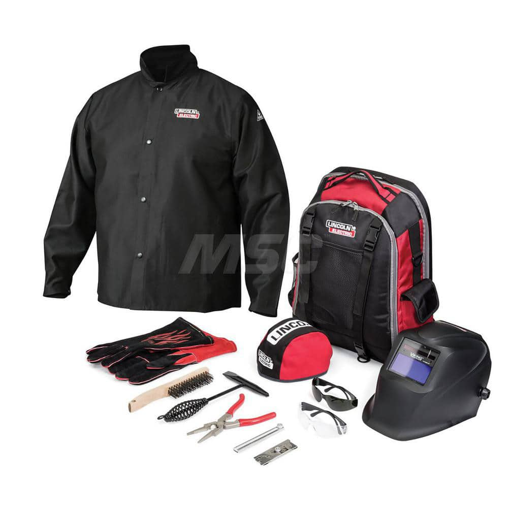 Size M Black Cotton Welding Jacket with Gloves, Sleeves & Ratchet Hard Hat with Face Shield 1.67″ x 3.78″ Distortion-Free Glass, Includes Gear Bag