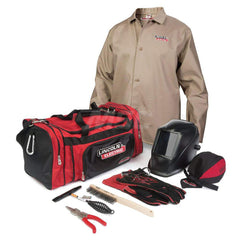 Size M Khaki Cotton Welding Jacket with Gloves, Sleeves & Ratchet Hard Hat with Face Shield 5″ x 4″ Distortion-Free Glass, Includes Gear Bag