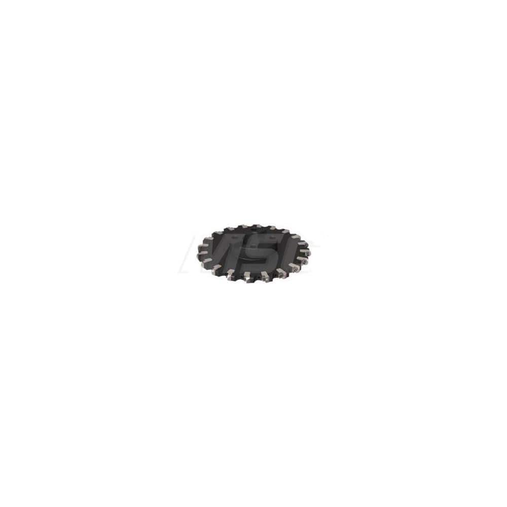 Indexable Slotting Cutter: 0.394'' Cutting Width, 12.197'' Cutter Dia, Arbor Hole Connection, 3.519'' Depth of Cut, 2.5'' Hole, Right Hand Cut Screw, Uses 20 RP Inserts, 20 Teeth, Straight, Positive, Steel, Ni Finish