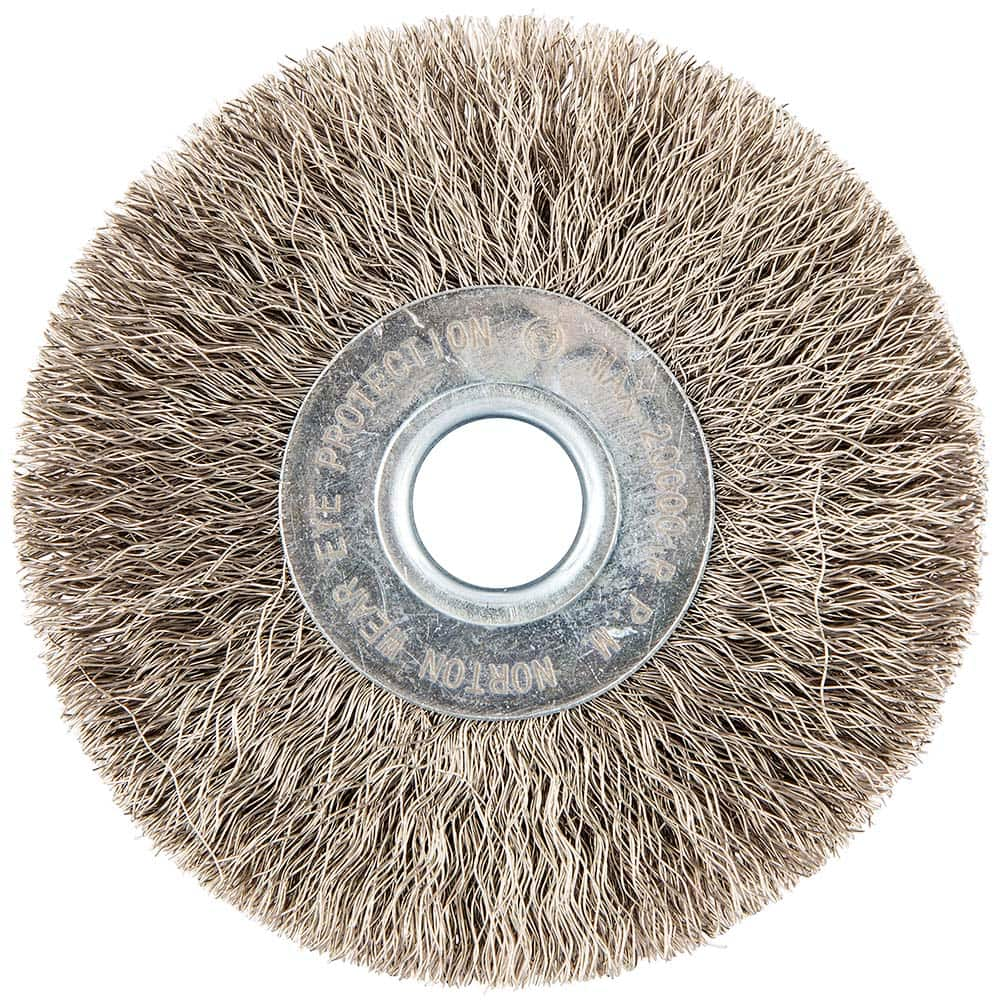 Norton - 3" OD, 1/2" Arbor Hole, Crimped Stainless Steel Wheel Brush - Benchmark Tooling