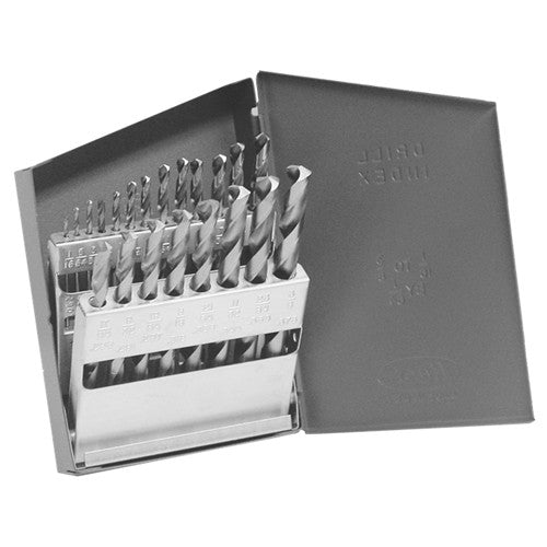 ‎1/16-3/8 RHS / RHC HSS 118 Degree Radial Point General Purpose Jobber Length Drill Set - Bright - Exact Industrial Supply