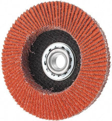 Norton - 40 Grit, 4-1/2" Disc Diam, 5/8-11 Center Hole, Type 27 Ceramic Alumina Flap Disc - 13,000 Max RPM, Cloth Backing, Arbor Attaching System, Coated - Benchmark Tooling