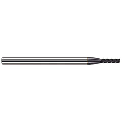 Corner Radius End Mill: 0.025″ Dia, 1/8″ LOC, 0.004″ Radius, 3 Flutes, Solid Carbide 2-1/2″ OAL, 1/8″ Shank Dia, 37 ° Helix, AlTiN Coated, Corner Radius End