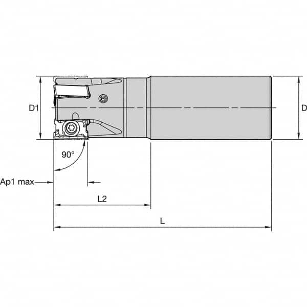 Kennametal - 40mm Cut Diam, 15.5mm Max Depth of Cut, 32mm Shank Diam, 200mm OAL, Indexable Square Shoulder End Mill - LNGU15T608SRGE Inserts, Cylindrical Shank, 0° Lead Angle, Through Coolant, Series MILL 4-15 - Benchmark Tooling
