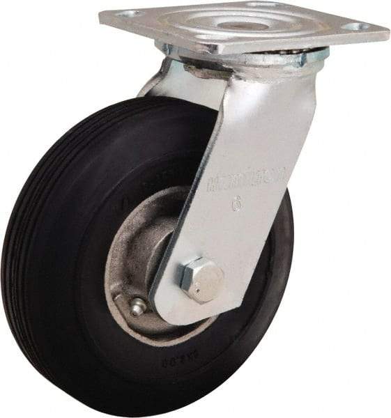 Hamilton - 6" Diam x 2" Wide, Rubber Swivel Caster - 300 Lb Capacity, Top Plate Mount, 4" x 4-1/2" Plate, Straight Roller Bearing - Benchmark Tooling