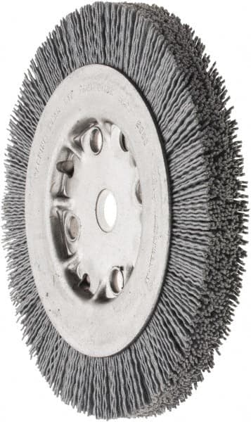 Weiler - 6" OD, 5/8" Arbor Hole, Crimped Nylon Wheel Brush - 5/8" Face Width, 7/8" Trim Length, 0.035" Filament Diam, 4,500 RPM - Benchmark Tooling