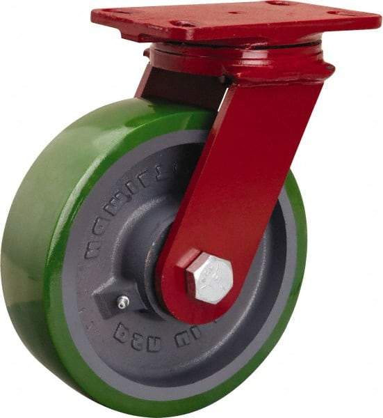 Hamilton - 8" Diam x 2-1/2" Wide x 10-1/8" OAH Top Plate Mount Swivel Caster - Polyurethane Mold onto Cast Iron Center, 2,000 Lb Capacity, Sealed Precision Ball Bearing, 4-1/2 x 6-1/2" Plate - Benchmark Tooling