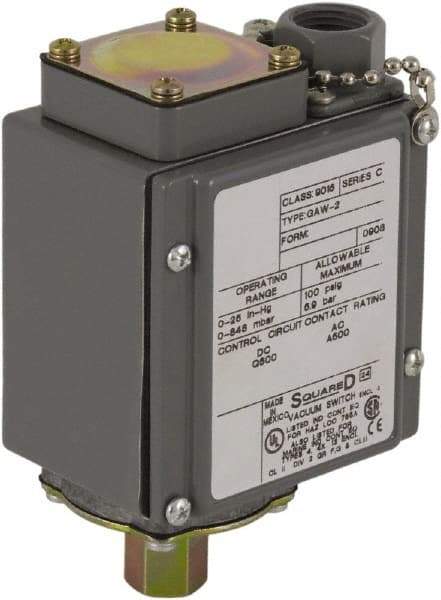 Square D - 4, 13 and 4X NEMA Rated, SPDT, 0.2 to 10 psi, Vacuum Switch Pressure and Level Switch - Adjustable Pressure, 120 VAC, 125 VDC, 240 VAC, 250 VDC, Screw Terminal - Benchmark Tooling